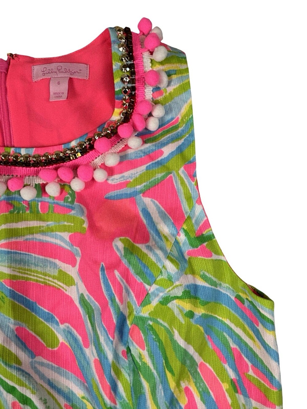 NWOT Lilly Pulitzer Mila Shift Dress Tiki Pink Royal Lime Pom Pom Sequins Size 6 - Picture 5 of 14